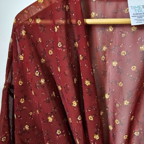 NEVER WORN TIME AND TRU RED DITSY FLORAL LONG BELTED KIMONO CARDIGAN SIZE SMALL - Picture 9 of 14